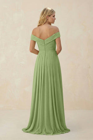 Off - the - Shoulder Pleated A - Line Chiffon Bridesmaid Dress in Matcha - SHE IS ME Bridesmaid Dresses