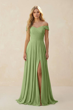 Off - the - Shoulder Pleated A - Line Chiffon Bridesmaid Dress in Matcha - SHE IS ME Bridesmaid Dresses