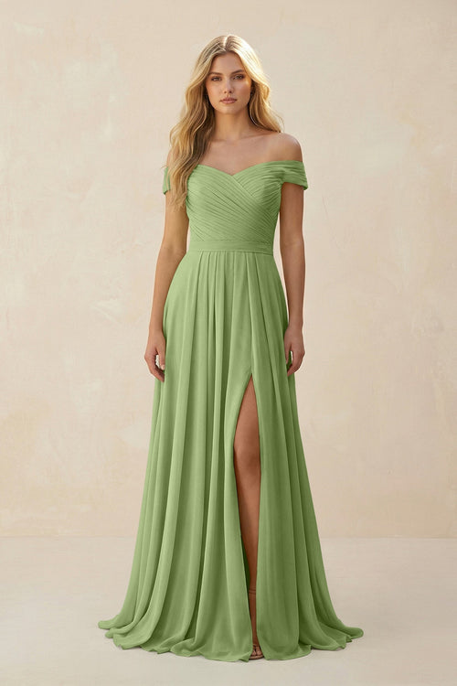 Off - the - Shoulder Pleated A - Line Chiffon Bridesmaid Dress in Matcha - SHE IS ME Bridesmaid Dresses