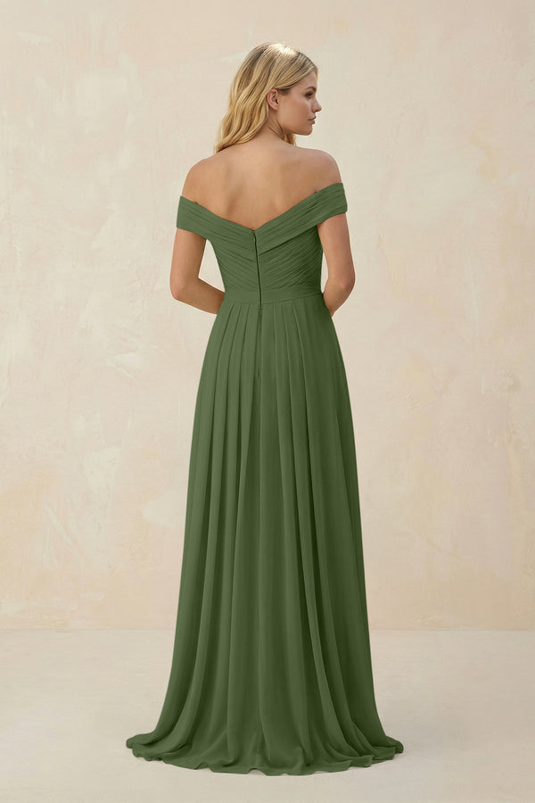 Off-the-Shoulder Pleated A-Line Chiffon Bridesmaid Dress in Moss (2) | KISSBRIDAL