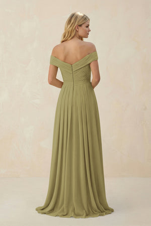 Off-the-Shoulder Pleated A-Line Chiffon Bridesmaid Dress in Moss Green (2) | KISSBRIDAL