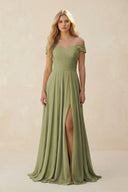 Off - the - Shoulder Pleated A - Line Chiffon Bridesmaid Dress in Moss Green - SHE IS ME Bridesmaid Dresses