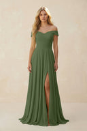Off-the-Shoulder Pleated A-Line Chiffon Bridesmaid Dress in Moss | KISSBRIDAL