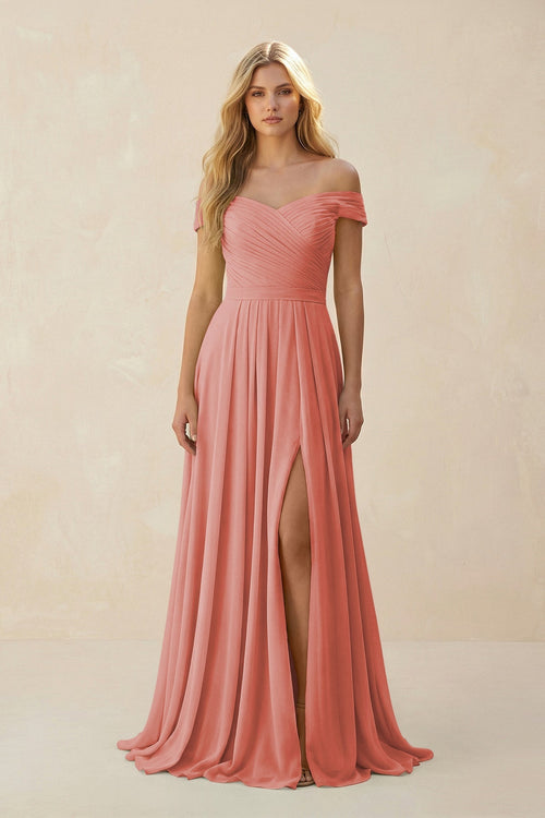 Off - the - Shoulder Pleated A - Line Chiffon Bridesmaid Dress in Mulberry - SHE IS ME Bridesmaid Dresses