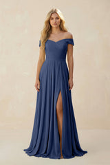 Off - the - Shoulder Pleated A - Line Chiffon Bridesmaid Dress in Navy - KISS BRIDAL Bridesmaid Dresses