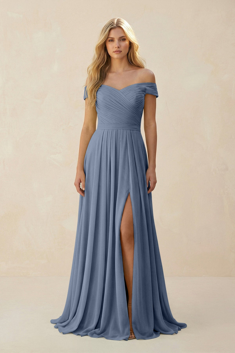 Off - the - Shoulder Pleated A - Line Chiffon Bridesmaid Dress in Neptune - SHE IS ME Bridesmaid Dresses