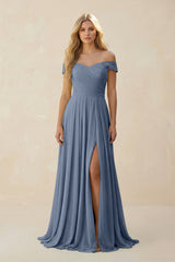 Off - the - Shoulder Pleated A - Line Chiffon Bridesmaid Dress in Neptune - KISS BRIDAL Bridesmaid Dresses