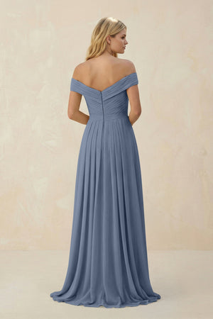 Off - the - Shoulder Pleated A - Line Chiffon Bridesmaid Dress in Neptune - SHE IS ME Bridesmaid Dresses