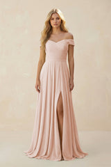 Off - the - Shoulder Pleated A - Line Chiffon Bridesmaid Dress in Pale Blush - KISS BRIDAL Bridesmaid Dresses