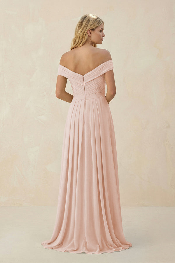 Off - the - Shoulder Pleated A - Line Chiffon Bridesmaid Dress in Pale Blush - SHE IS ME Bridesmaid Dresses