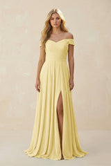 Off - the - Shoulder Pleated A - Line Chiffon Bridesmaid Dress in Pastel Yellow - KISS BRIDAL Bridesmaid Dresses