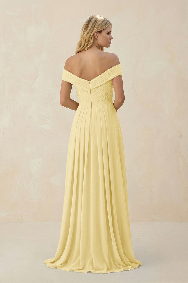 Off - the - Shoulder Pleated A - Line Chiffon Bridesmaid Dress in Pastel Yellow - SHE IS ME Bridesmaid Dresses