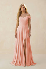 Off - the - Shoulder Pleated A - Line Chiffon Bridesmaid Dress in Rose Petal - KISS BRIDAL Bridesmaid Dresses