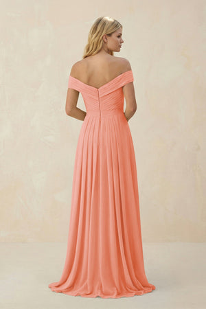 Off - the - Shoulder Pleated A - Line Chiffon Bridesmaid Dress in Rosette - SHE IS ME Bridesmaid Dresses