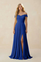 Off - the - Shoulder Pleated A - Line Chiffon Bridesmaid Dress in Royal Blue - KISS BRIDAL Bridesmaid Dresses