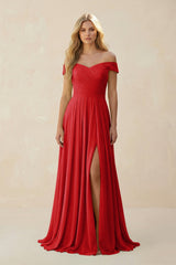 Off - the - Shoulder Pleated A - Line Chiffon Bridesmaid Dress in Ruby Red - KISS BRIDAL Bridesmaid Dresses