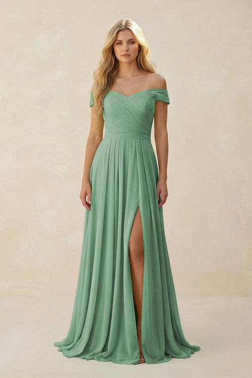 Off - the - Shoulder Pleated A - Line Chiffon Bridesmaid Dress in Sea Glass - SHE IS ME Bridesmaid Dresses