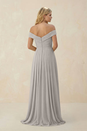 Off - the - Shoulder Pleated A - Line Chiffon Bridesmaid Dress in Silver - SHE IS ME Bridesmaid Dresses