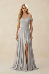 Off - the - Shoulder Pleated A - Line Chiffon Bridesmaid Dress in Silver - KISS BRIDAL Bridesmaid Dresses