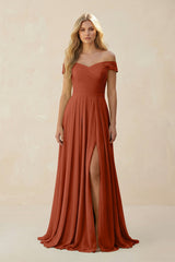 Off - the - Shoulder Pleated A - Line Chiffon Bridesmaid Dress in Spice - KISS BRIDAL Bridesmaid Dresses