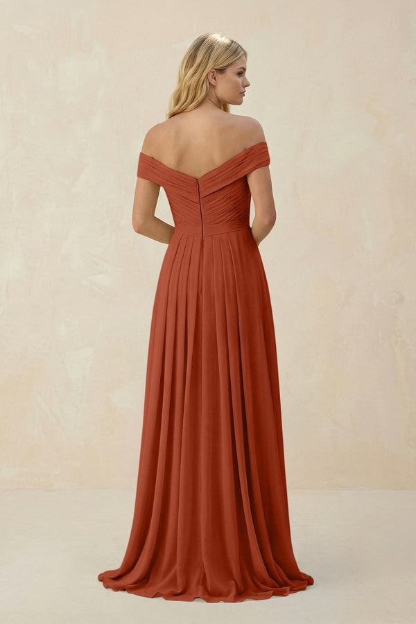 Off - the - Shoulder Pleated A - Line Chiffon Bridesmaid Dress in Spice - SHE IS ME Bridesmaid Dresses
