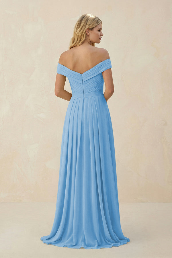 Off - the - Shoulder Pleated A - Line Chiffon Bridesmaid Dress in Steel Blue - SHE IS ME Bridesmaid Dresses