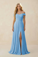 Off - the - Shoulder Pleated A - Line Chiffon Bridesmaid Dress in Steel Blue - SHE IS ME Bridesmaid Dresses