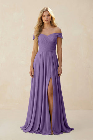 Off - the - Shoulder Pleated A - Line Chiffon Bridesmaid Dress in Tahiti - SHE IS ME Bridesmaid Dresses
