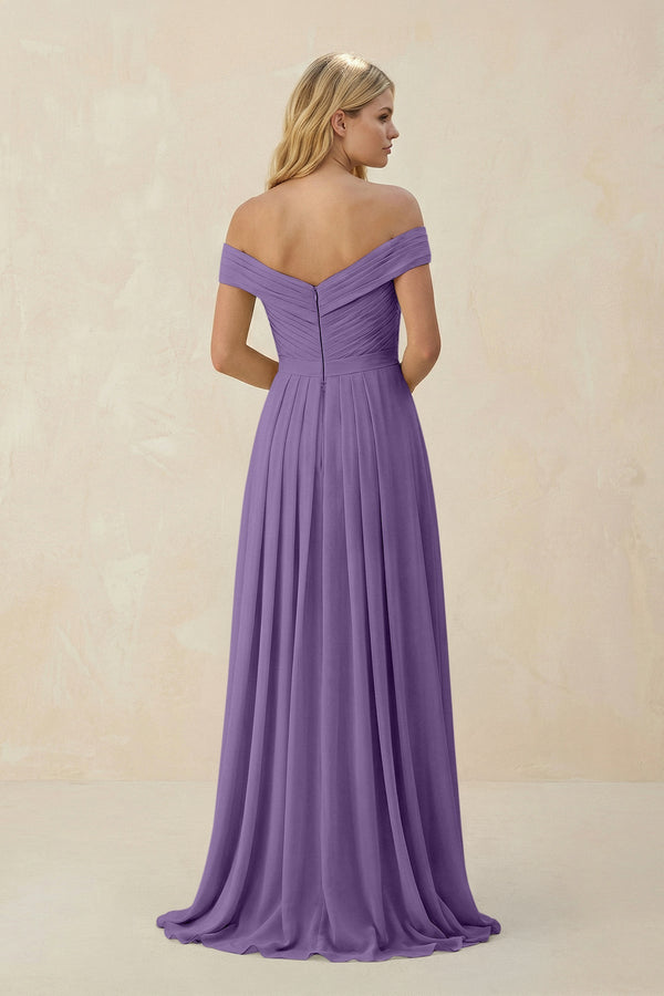 Off - the - Shoulder Pleated A - Line Chiffon Bridesmaid Dress in Tahiti - SHE IS ME Bridesmaid Dresses