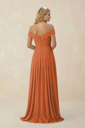 Off - the - Shoulder Pleated A - Line Chiffon Bridesmaid Dress in Terracotta - SHE IS ME Bridesmaid Dresses