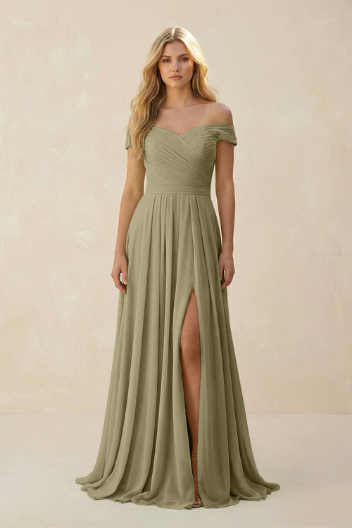 Off - the - Shoulder Pleated A - Line Chiffon Bridesmaid Dress in Thyme - SHE IS ME Bridesmaid Dresses