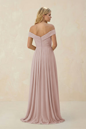 Off-the-Shoulder Pleated A-Line Chiffon Bridesmaid Dress in Toffee (2) | KISSBRIDAL