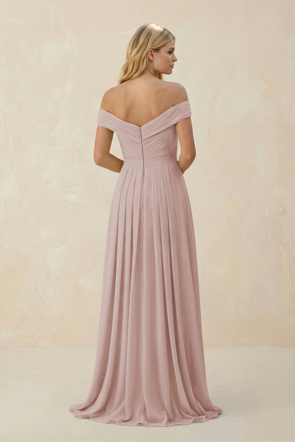 Off-the-Shoulder Pleated A-Line Chiffon Bridesmaid Dress in Toffee (2) | KISSBRIDAL