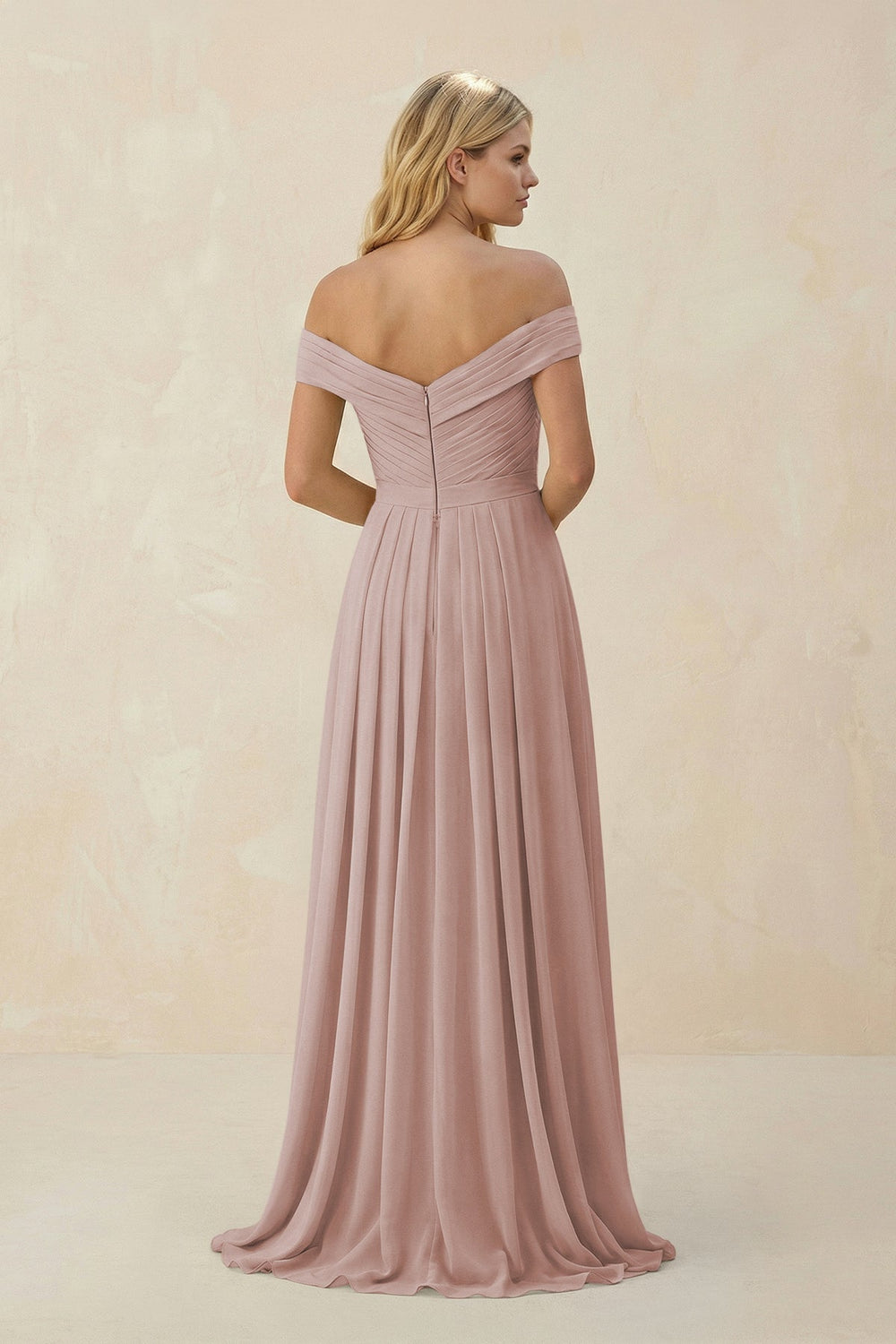 Off - the - Shoulder Pleated A - Line Chiffon Bridesmaid Dress in Toffee - SHE IS ME Bridesmaid Dresses