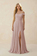 Off-the-Shoulder Pleated A-Line Chiffon Bridesmaid Dress in Toffee | KISSBRIDAL