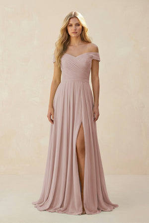 Off-the-Shoulder Pleated A-Line Chiffon Bridesmaid Dress in Toffee | KISSBRIDAL