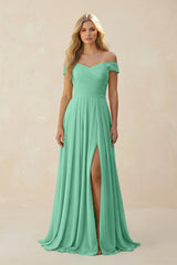 Off - the - Shoulder Pleated A - Line Chiffon Bridesmaid Dress in Turquoise - KISS BRIDAL Bridesmaid Dresses