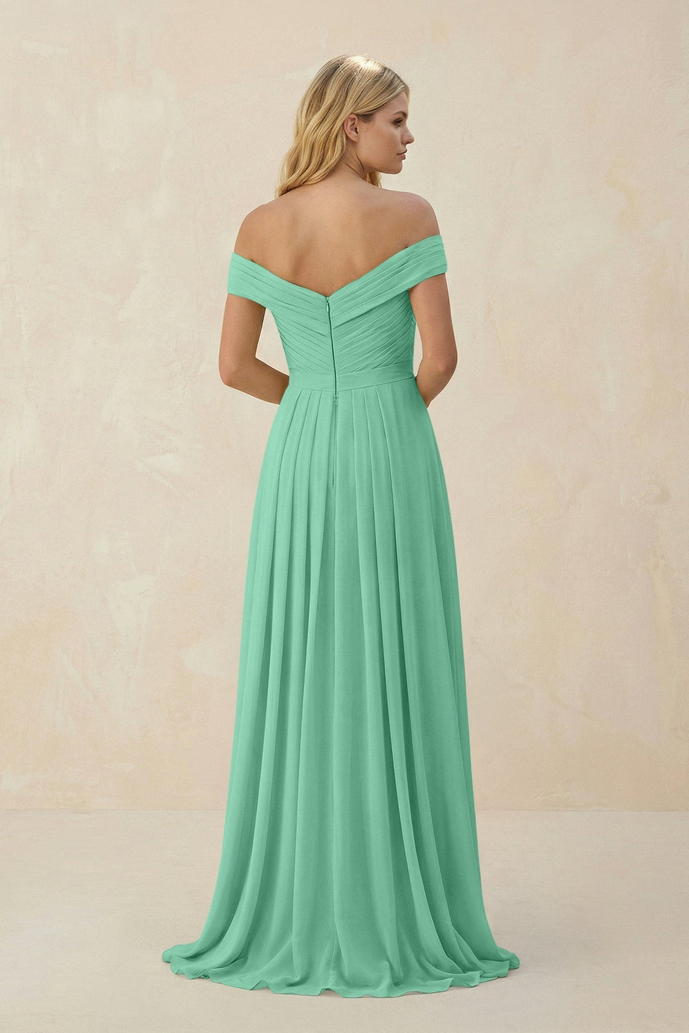 Off - the - Shoulder Pleated A - Line Chiffon Bridesmaid Dress in Turquoise - SHE IS ME Bridesmaid Dresses