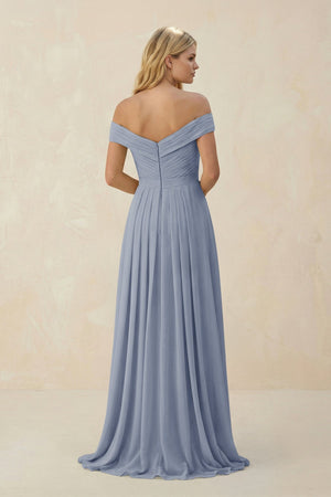 Off - the - Shoulder Pleated A - Line Chiffon Bridesmaid Dress in Twilight - SHE IS ME Bridesmaid Dresses