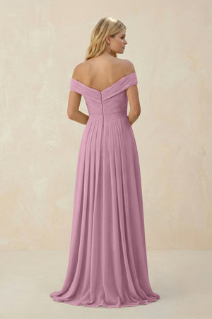 Off - the - Shoulder Pleated A - Line Chiffon Bridesmaid Dress in Vintage Mauve - SHE IS ME Bridesmaid Dresses