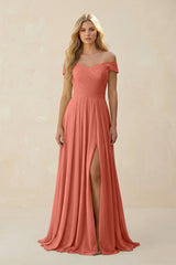 Off - the - Shoulder Pleated A - Line Chiffon Bridesmaid Dress in Wild Rose - KISS BRIDAL Bridesmaid Dresses