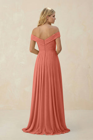 Off - the - Shoulder Pleated A - Line Chiffon Bridesmaid Dress in Wild Rose - SHE IS ME Bridesmaid Dresses