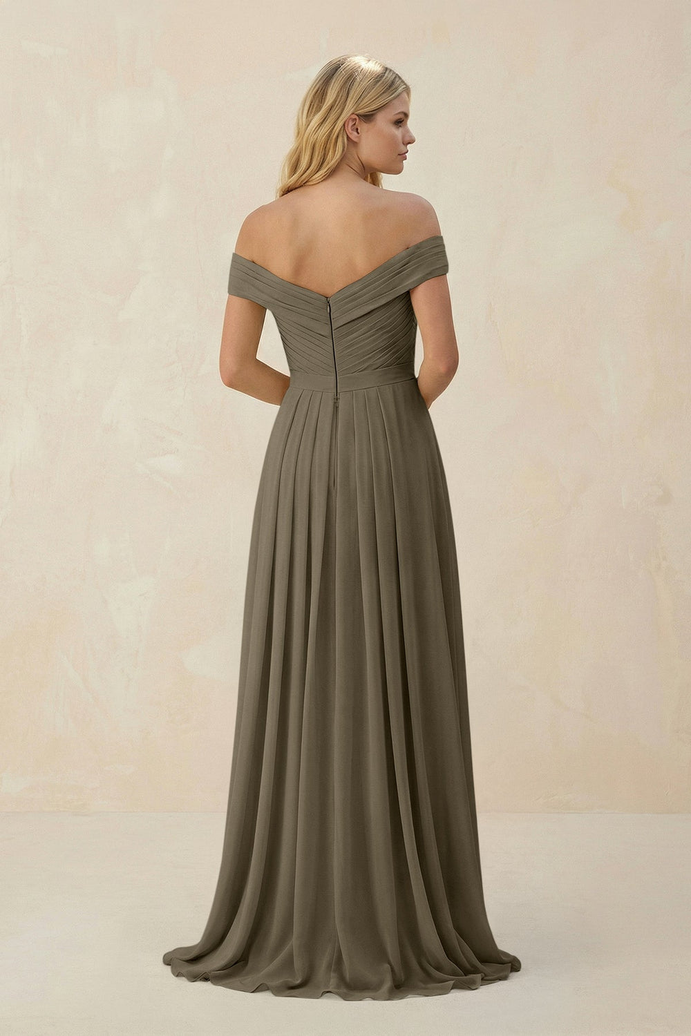 Off - the - Shoulder Pleated A - Line Chiffon Bridesmaid Dress in Willow Green - SHE IS ME Bridesmaid Dresses