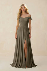 Off - the - Shoulder Pleated A - Line Chiffon Bridesmaid Dress in Willow Green - KISS BRIDAL Bridesmaid Dresses