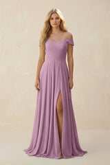Off - the - Shoulder Pleated A - Line Chiffon Bridesmaid Dress in Wisteria - KISS BRIDAL Bridesmaid Dresses