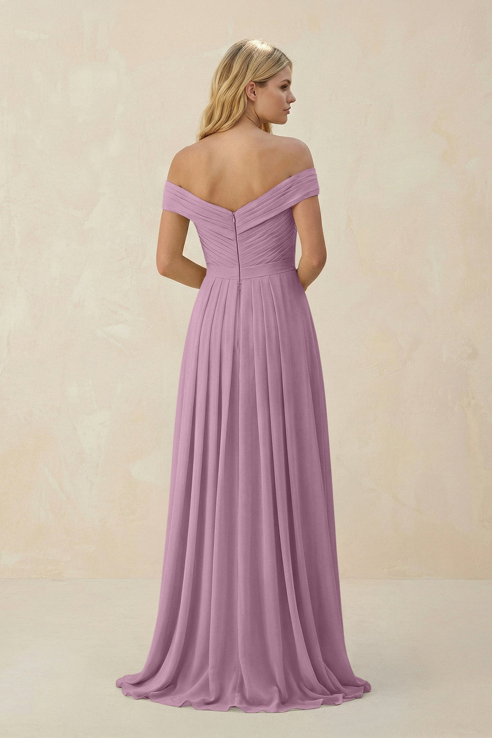 Off - the - Shoulder Pleated A - Line Chiffon Bridesmaid Dress in Wisteria - SHE IS ME Bridesmaid Dresses