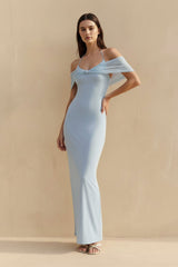 Off The Shoulder Pleated Maxi Dress in Sky Blue - KISSBRIDAL