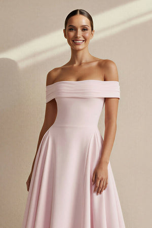 Off The Shoulder Pleated Midi Dress in Pink - SHE IS ME