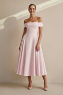 Off The Shoulder Pleated Midi Dress in Pink - KISSBRIDAL