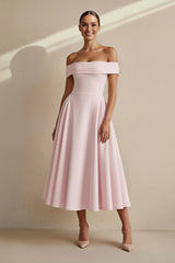 Off The Shoulder Pleated Midi Dress in Pink - KISSBRIDAL